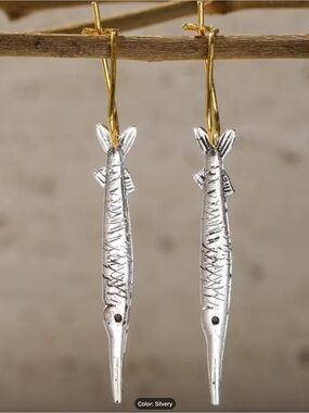 Silvery Fish Dangle Earrings with Gold Hooks
